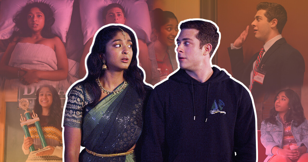 Characters Devi and Ben stare at each other, their image is juxtaposed against a collage of moments from their relationship