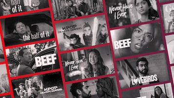 A collage of movie and TV show posters featuring diverse actors, with titles like "Beef," "Never Have I Ever," "K-Pop Demon Hunters," "The Half of It," and "The Lovebirds" in various modern settings.