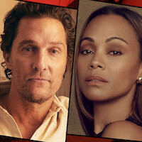 Two adults facing forward in close-up portraits, set indoors with soft, warm lighting and neutral backgrounds, separated by a diagonal line.