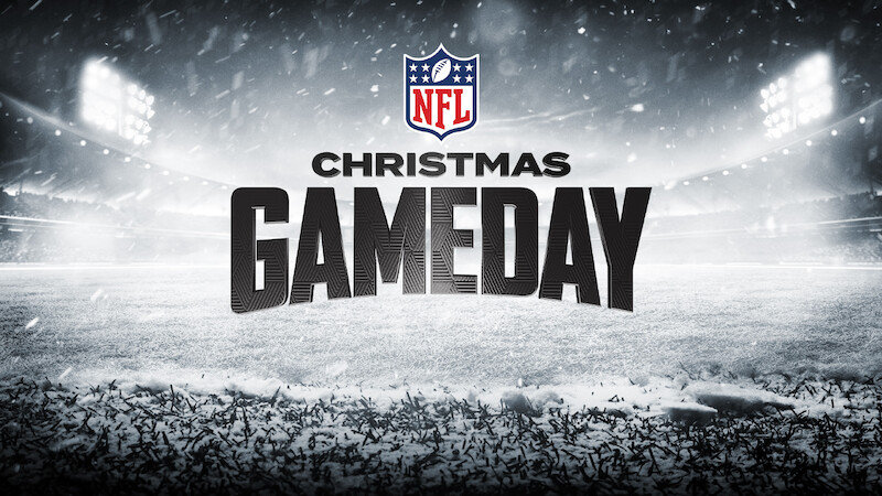 NFL Christmas Gameday graphic with snowy football field, stadium lights, and festive atmosphere promoting a holiday football event.