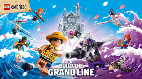 LEGO pirate and fantasy minifigures from ONE PIECE in an ocean battle with waves, castle in background, dramatic sky, and action poses, promoting "Build the Grand Line" with LEGO and Netflix branding.