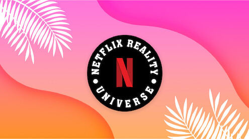 Graphic with wavy lines in pink and orange with Netflix Reality Universe logo in the center.