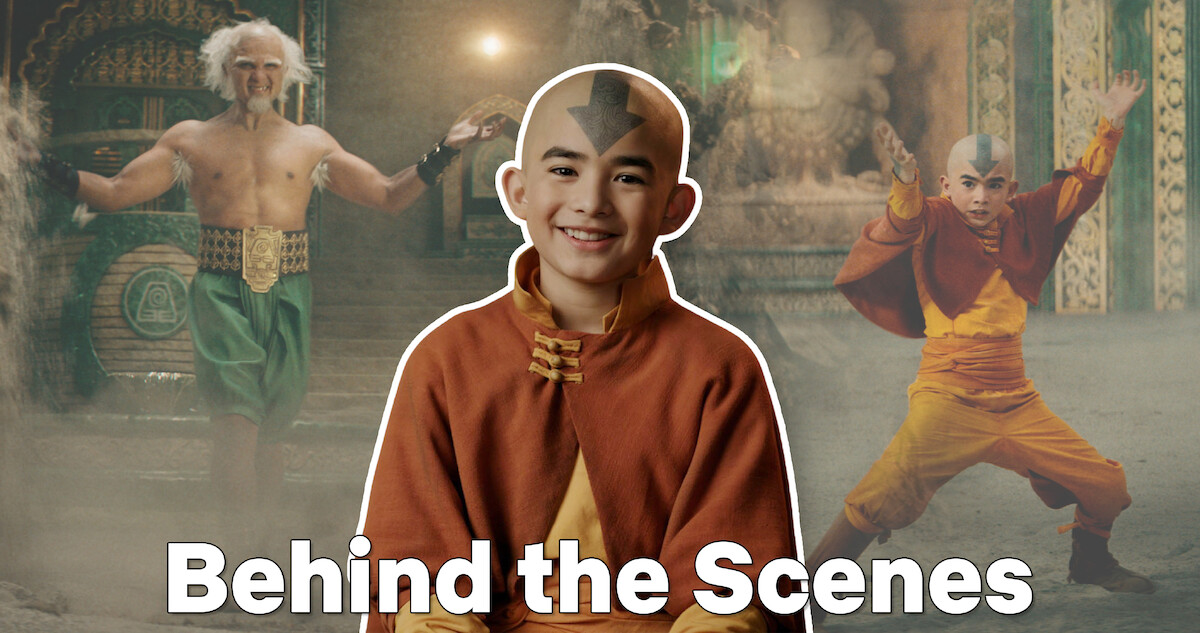 Gordon Cormier (Aang) in front of a backdrop with King Bumi (Utkarsh Ambudkar) and Aang mid-battle.