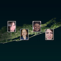 Photos of victims in the Gilgo Beach murder case, over a map of the area