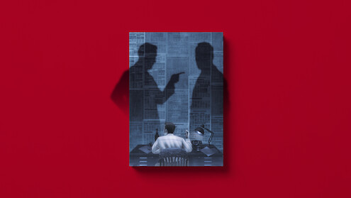 An illustrated faux book cover with a person sits at a desk in a dimly lit room, facing a wall covered in newspaper articles, with two large shadows of people looming behind, one pointing accusingly. The book sits on a red background.