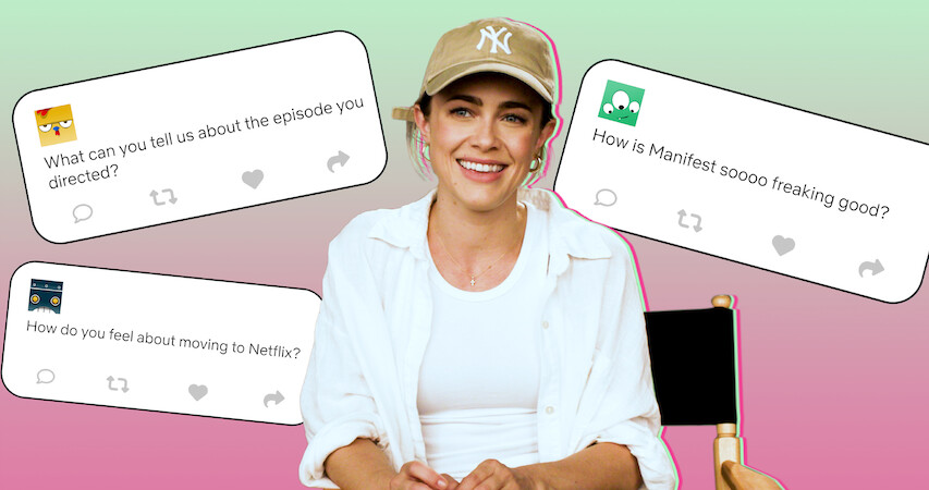 Melissa Roxburgh sits in a directors chair on the set of Manifest Season 4 with fan questions populating the background.