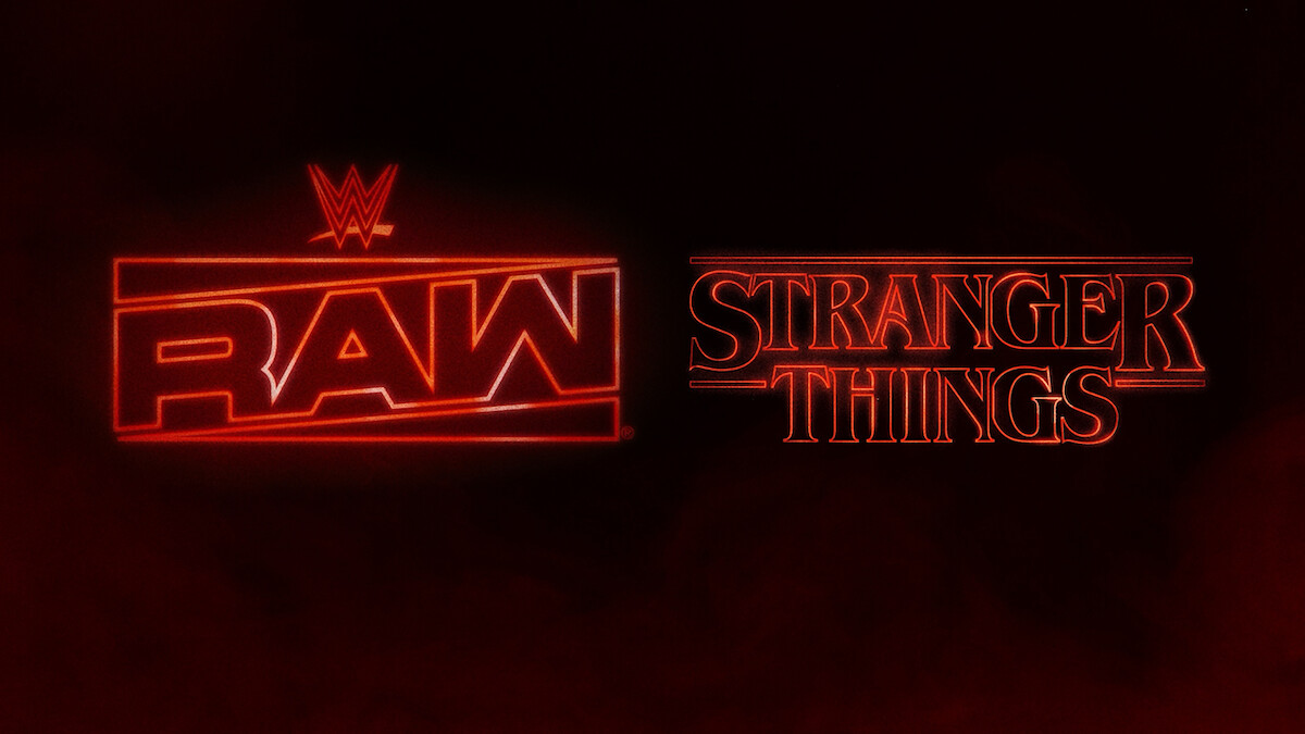 WWE RAW and Stranger Things logos in glowing red neon style, set against a dark, smoky background, blending elements from both brands' signature designs.