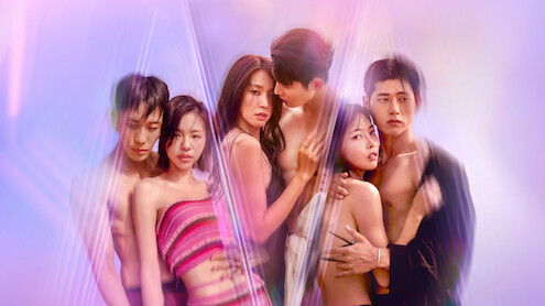 Kim Jae-jin, Kim Go-eun, Choi Mina-sue, Youn Hyun-jae, Kim Min-gee, and Song Seung-il pose as couples in 'Single's Inferno.'