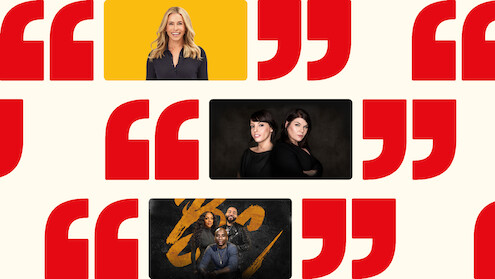A collage with podcast hosts and quotation marks