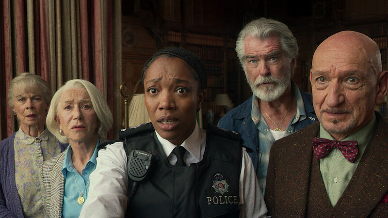 Celia Imrie, Helen Mirren, Naomi Ackie, Pierce Brosnan and Sir Ben Kingsley in 'The Thursday Murder Club'