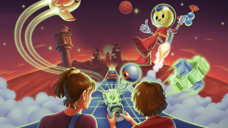 Two kids hold a handheld console as a futuristic world emerges from it. A robot hero, Kid Cosmo, flies with a jetpack, surrounded by a glowing grid, floating gears, and alien technology in space.