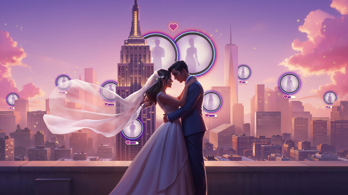 Illustrative game art for the mobile game 'Netflix Stories: Love Is Blind', featuring a bride and groom embracing on a rooftop in New York City at twilight.