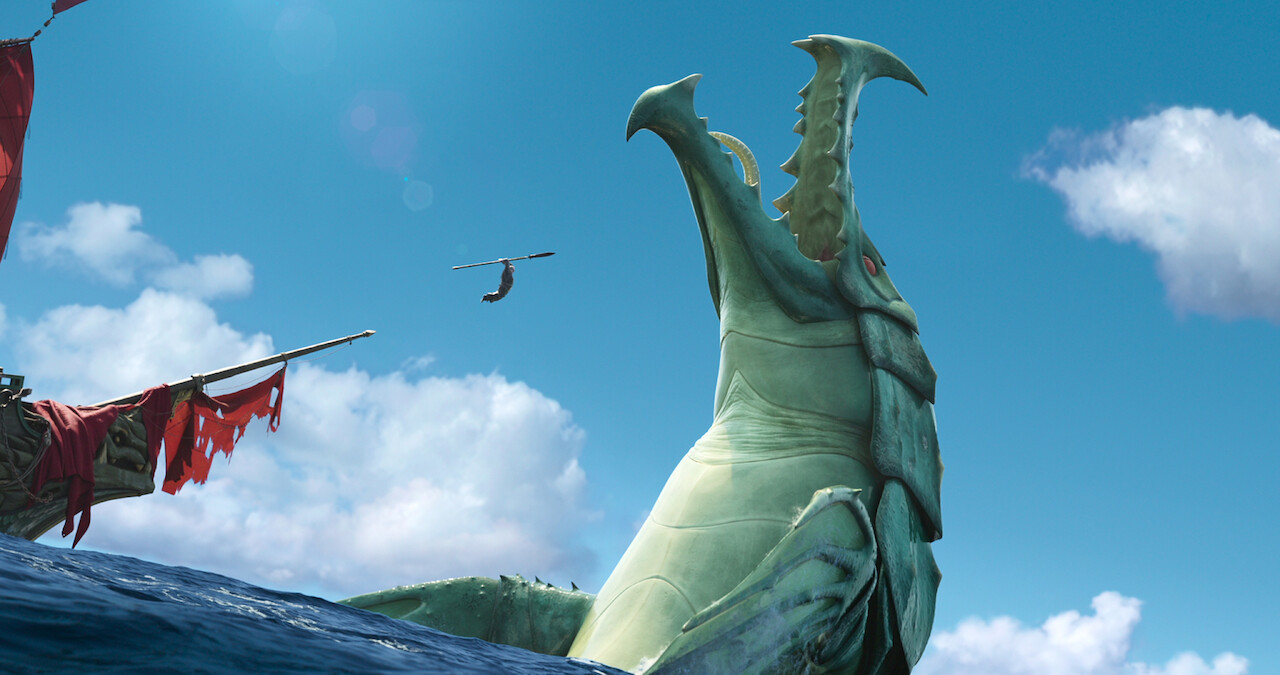 A Sea Beast has appeared above water, in a battle with a ship