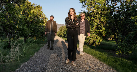 Lily Collins and others walking amid orange groves in the film 'Windfall'