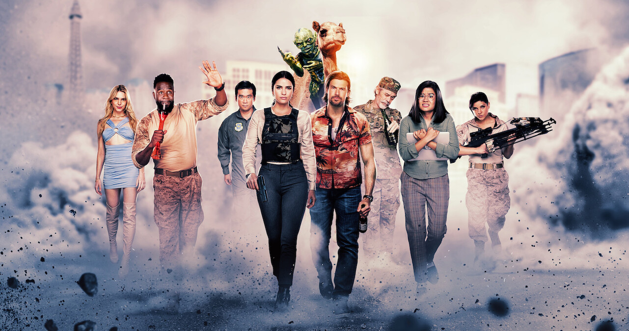 The cast of Season 1 of 'Obliterated' walks through a cloud of smoke in Las Vegas