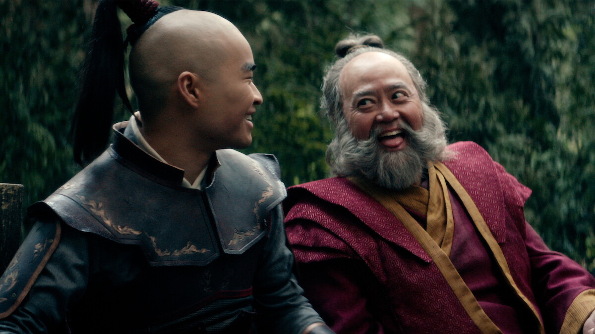Dallas Liu as Zuko and Paul Sun-Hyung Lee as Iroh laugh together in the blooper reel from Season 1 of 'Avatar: The Last Airbender"