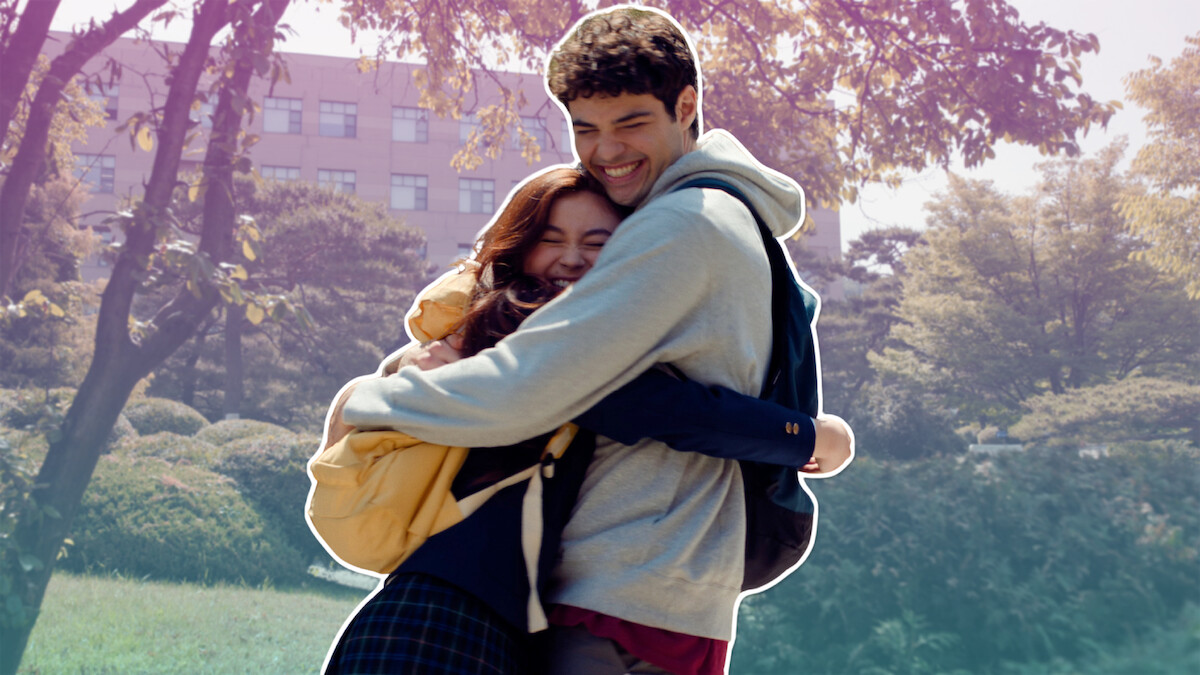 Kitty Song-Covey (Anna Cathcart) and Peter Kavinsky (Noah Centineo) embrace outside school.