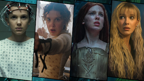 Grid of images featuring Millie Bobby Brown in 'Stranger Things,' 'Enola Holmes,' 'Damsel,' and 'The Electric State.'