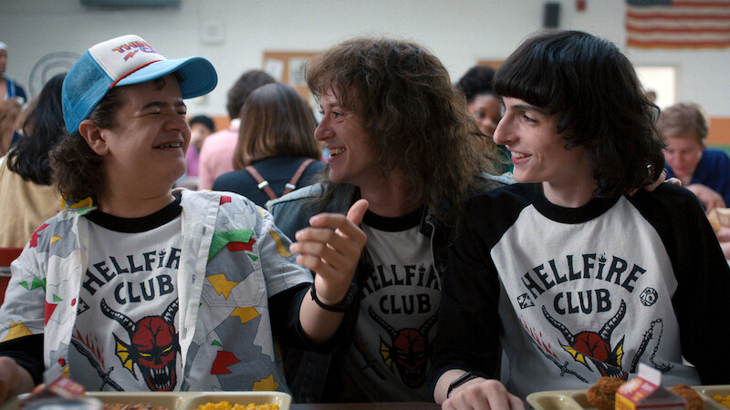 STRANGER THINGS. (L to R) Gaten Matarazzo as Dustin Henderson, Joseph Quinn as Eddie Munson and Finn Wolfhard as Mike Wheeler in STRANGER THINGS. Cr. Courtesy of Netflix © 2022