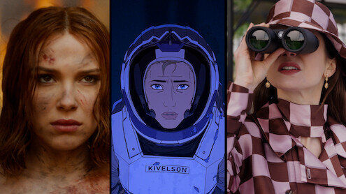 Triptych of images from Damsel, Love Death + Robots, and Emily in Paris.
