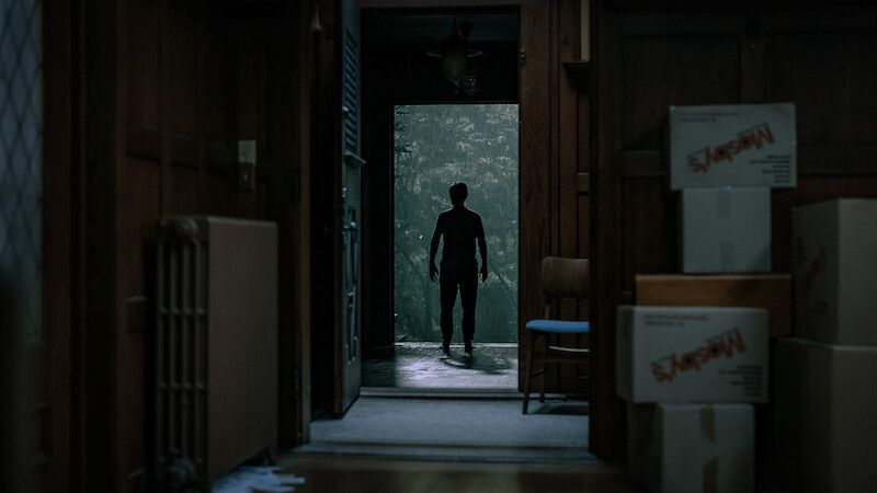 Silhouette of a person standing in a doorway, seen from inside a dimly lit room with moving boxes and wooden paneling, looking out toward a green, misty environment.