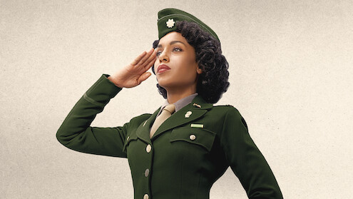 Kerry Washington reports for duty in a green uniform and hat.