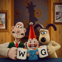 Wallace and Gromit clink mugs with a gnome sitting between then.