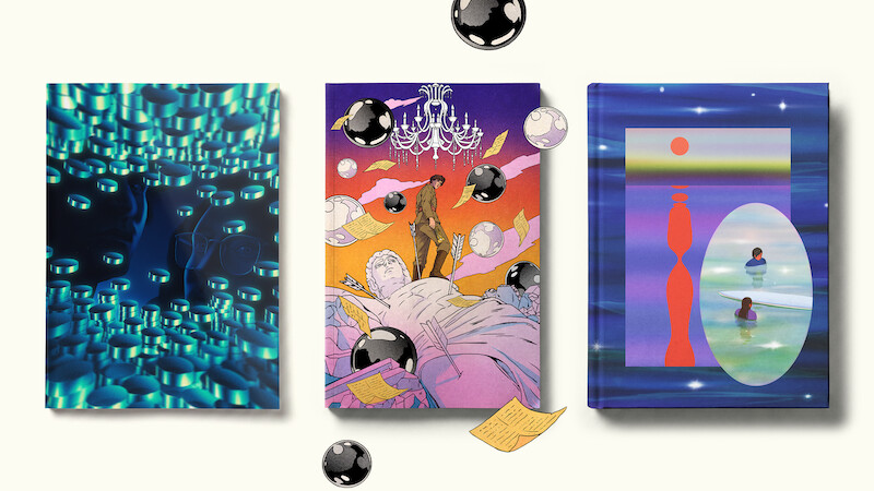 Three colorful hardcover books with abstract, surreal covers are displayed upright side by side against a light background. Each cover features imaginative artwork with vibrant colors, floating spheres, and dreamlike environments.