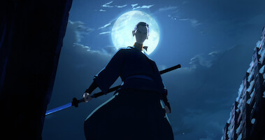 Miss stands in front of the moon with sword drawn in 'Blue Eye Samurai.'