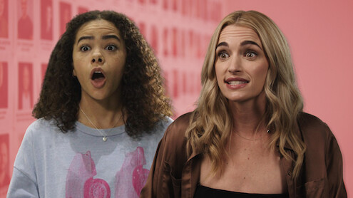 Still of Antonia Gentry and Brianne Howey against a pink background