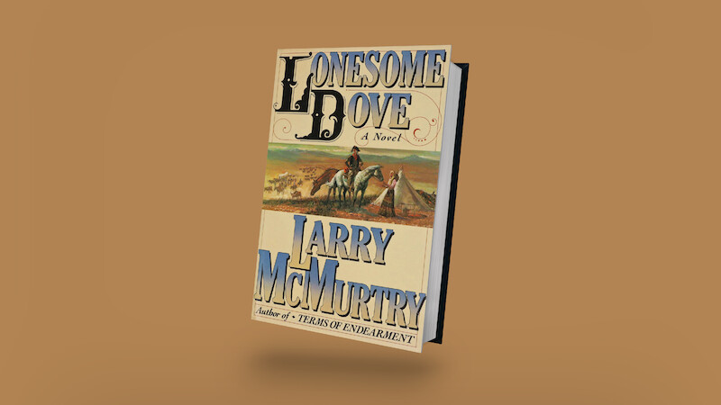Book cover of "Lonesome Dove" by Larry McMurtry, featuring two cowboys riding horses across a western landscape, with a sepia-toned background. The book is floating and angled against a plain brown backdrop.