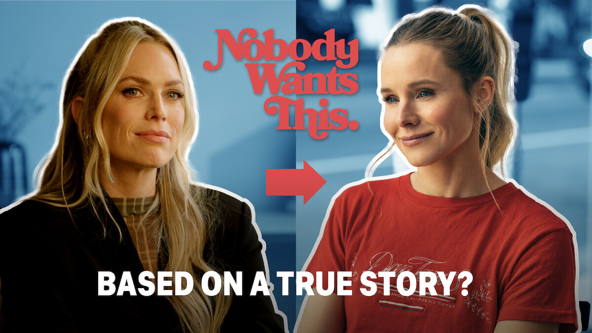 Erin Foster e Joanne (Kristen Bell) aparecem em ambientes contrastantes em um plano de fundo dividido. O texto diz “Ninguém Quer” e “Baseada em uma história real?” com uma seta vermelha entre as mulheres, sugerindo uma comparação.