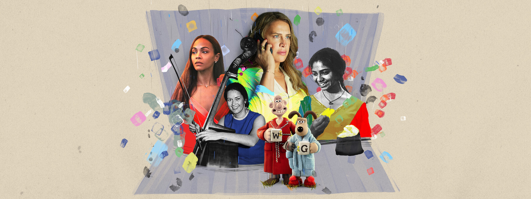 A collage of Netflix's 2025 Oscar Nominated talent including Karla Sofía Gascón and Zoe Saldaña from Emilia Pérez, as well as imagery from The Only Girl in the Orchestra, Wallace & Gromit, and Anuja.