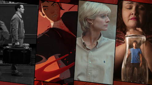 A four-part collage featuring Andrew Scott in Ripley, animated character Mizu from Blue Samurai, Elizabeth Debicki in The Crown, and Jessica Gunning in Baby Reindeer.