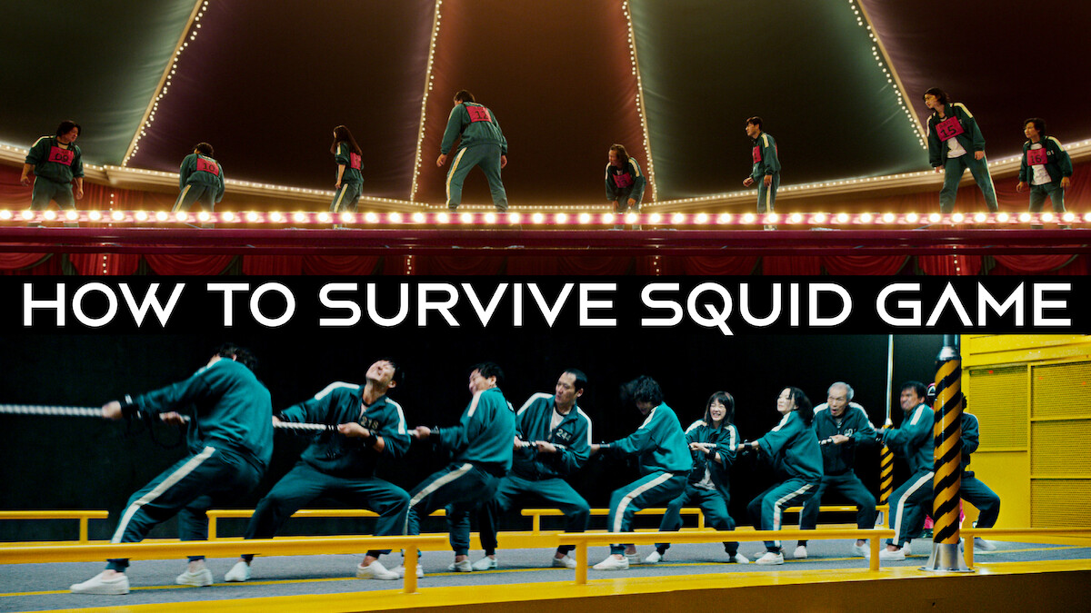Players in green tracksuits compete in Squid Game challenges under dramatic lighting. The top scene features the Glass Stepping Stones game, while the bottom shows a tense moment from Tug-of-War.