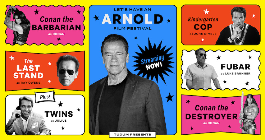 Images of Arnold Schwarzenegger in various film roles throughout his career