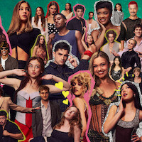 Collage of young adults and teens posing and expressing various emotions, set against a colorful, artistic background. The group is dressed in trendy, modern outfits, suggesting a vibrant, lively, and youthful environment.