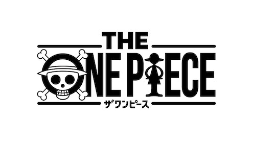 Logotipo de ‘THE ONE PIECE’ com uma caveira usando um chapéu de palha à frente de uma cruz de ossos. Um texto estilizado exibe a letra “I” como a silhueta de uma pessoa, sobre um plano de fundo branco com um texto em japonês na parte inferior.