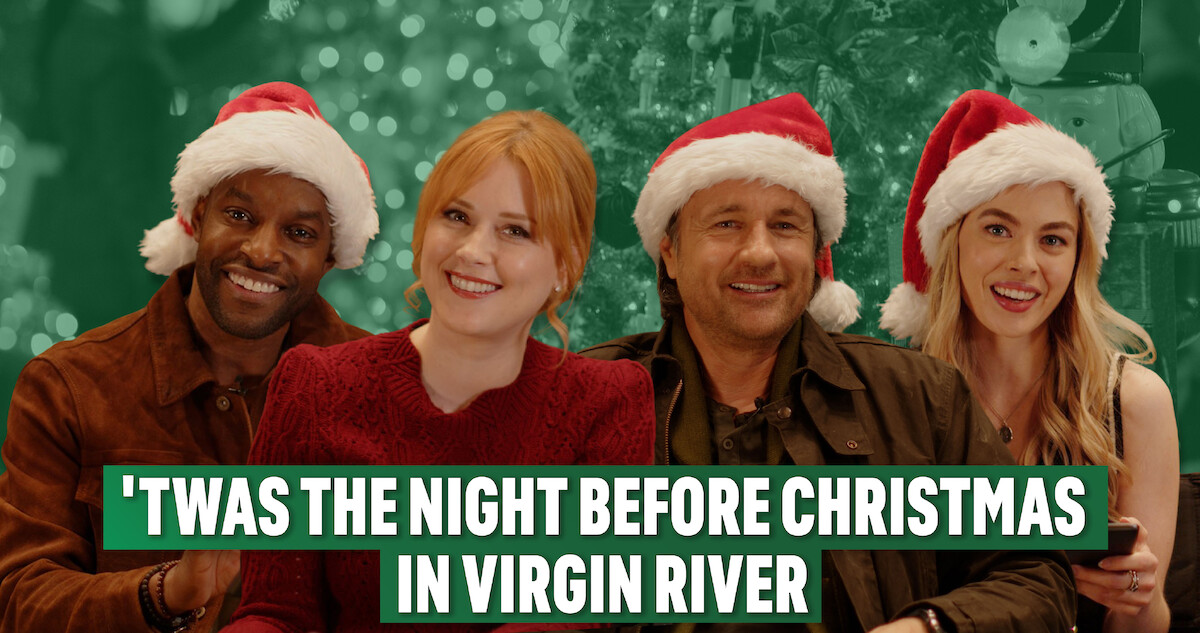 Colin Lawrence (John “Preacher” Middleton), Alexandra Breckenridge (Melinda “Mel” Monroe), Martin Henderson (Jack Sheridan), and Sarah Dugdale (Lizzie) wearing Santa caps in front of a festive green backdrop.