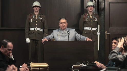 Russell Crowe as Hermann Göring standing trial in 'Nuremberg.'