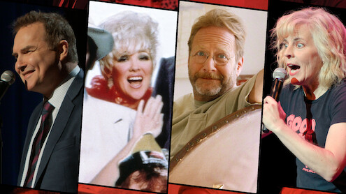 Four comedians in split panels: one smiling at a microphone on stage, one glamorous woman waving in a vintage photo, one man with glasses relaxed indoors, and one woman energetically performing stand-up comedy with a microphone.