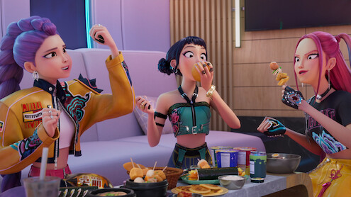 Rumi, Zoey, and Mira feast together in 'KPop Demon Hunters'