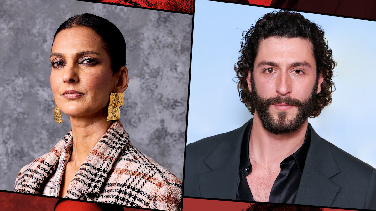 Two people, a woman in patterned clothing with gold earrings against a textured gray background and a man with curly hair and beard in a dark suit against a light blue background, shown in a split image portrait style.