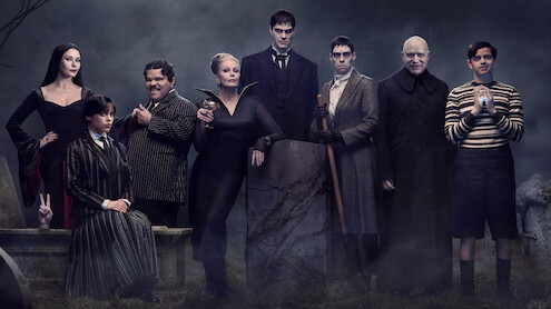 The Addams Family poses for a family portrait in 'Wednesday' Season 2