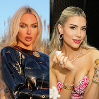 Two blonde women, one outdoors with a shiny blue jacket and natural background, the other indoors wearing floral attire, jewelry, and applying pink lipstick, both posing for the camera.