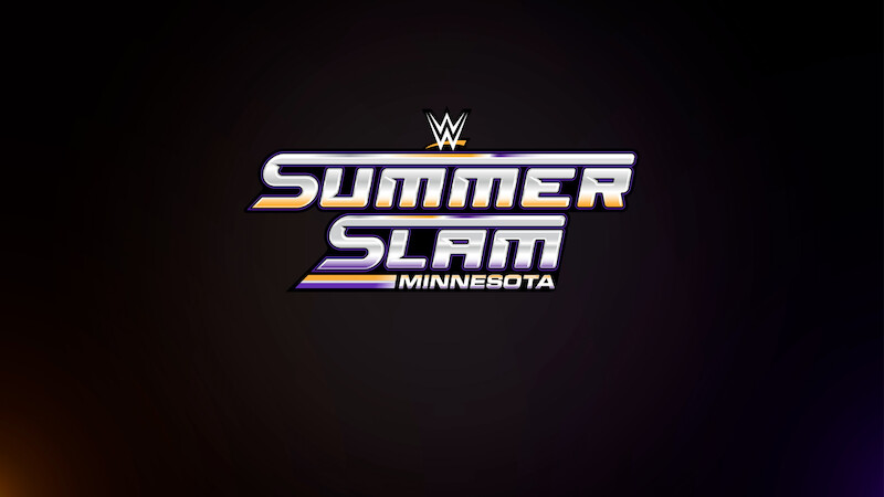 WWE SummerSlam Minnesota event logo on a dark background with metallic text and the WWE emblem on top, promotional graphic for wrestling event.