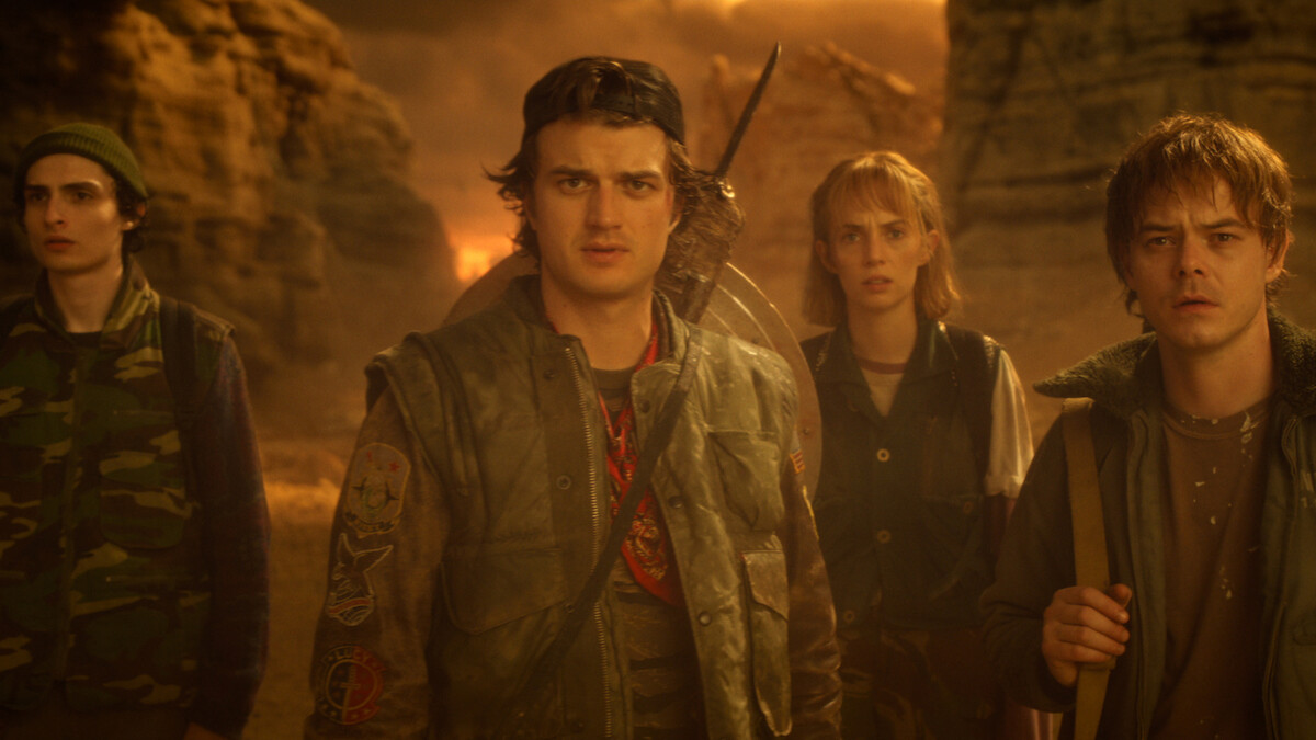 Finn Wolfhard, Joe Keery, Maya Hawke, and Charlie Heaton in 'Stranger Things 5'