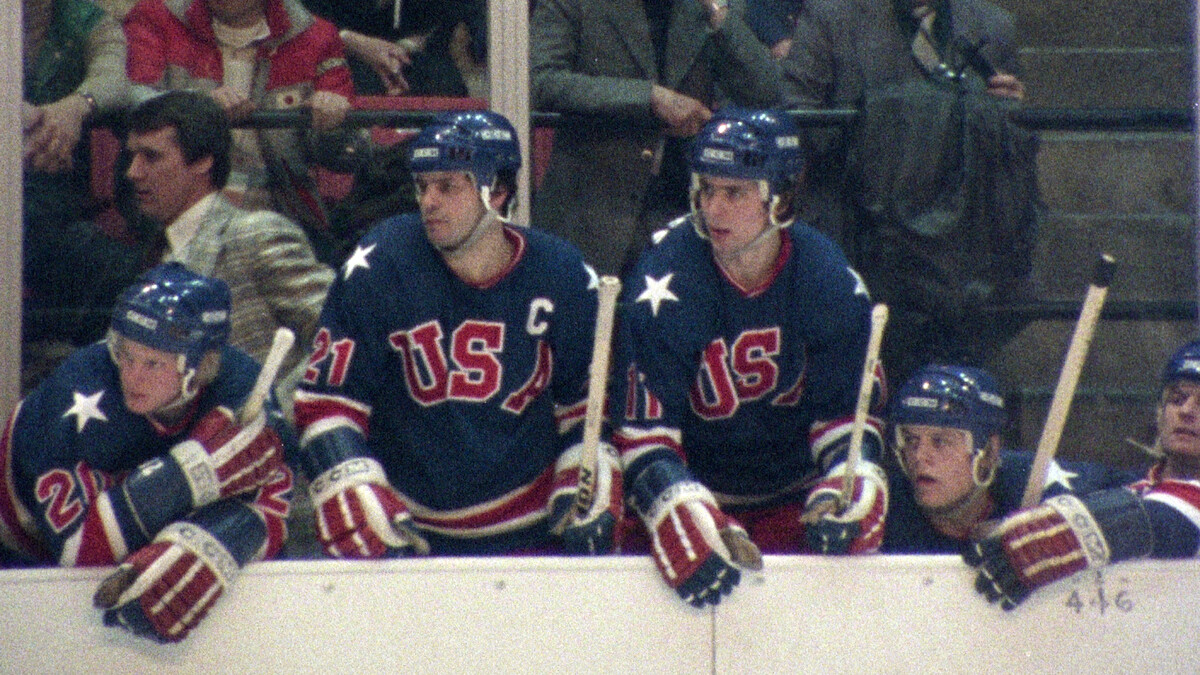 Team USA watches the match from the bench in 'Miracle: The Boys of '80.'