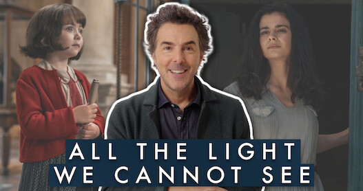 Headshot of director Shawn Levy is placed infront of two images of the Marie-Laure Leblanc characters from the series 'All the Light We Cannot See"