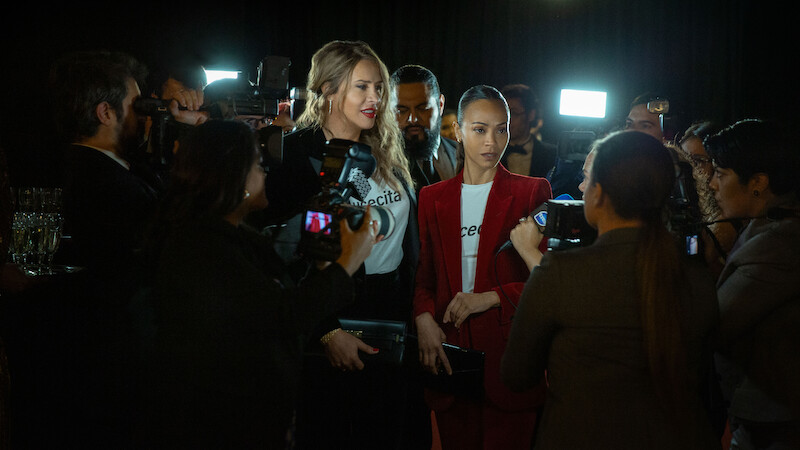 Karla Sofía Gascón as Emilia Pérez and Zoe Saldaña as Rita Moro Castro in 'Emilia Pérez.'